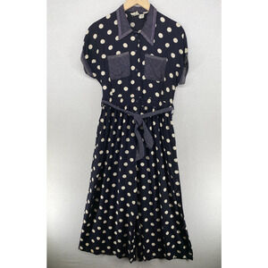 AU NATUREL Jumpsuit M Polka Tie Belt Short Sleeve Button Front Blue Vtg